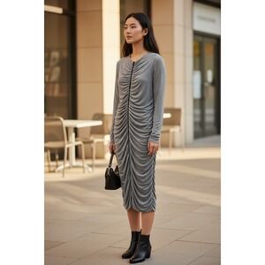 Pinko Gray Ruched Front Zip Long Sleeve Midi Dress Made in Italy Womens Size S